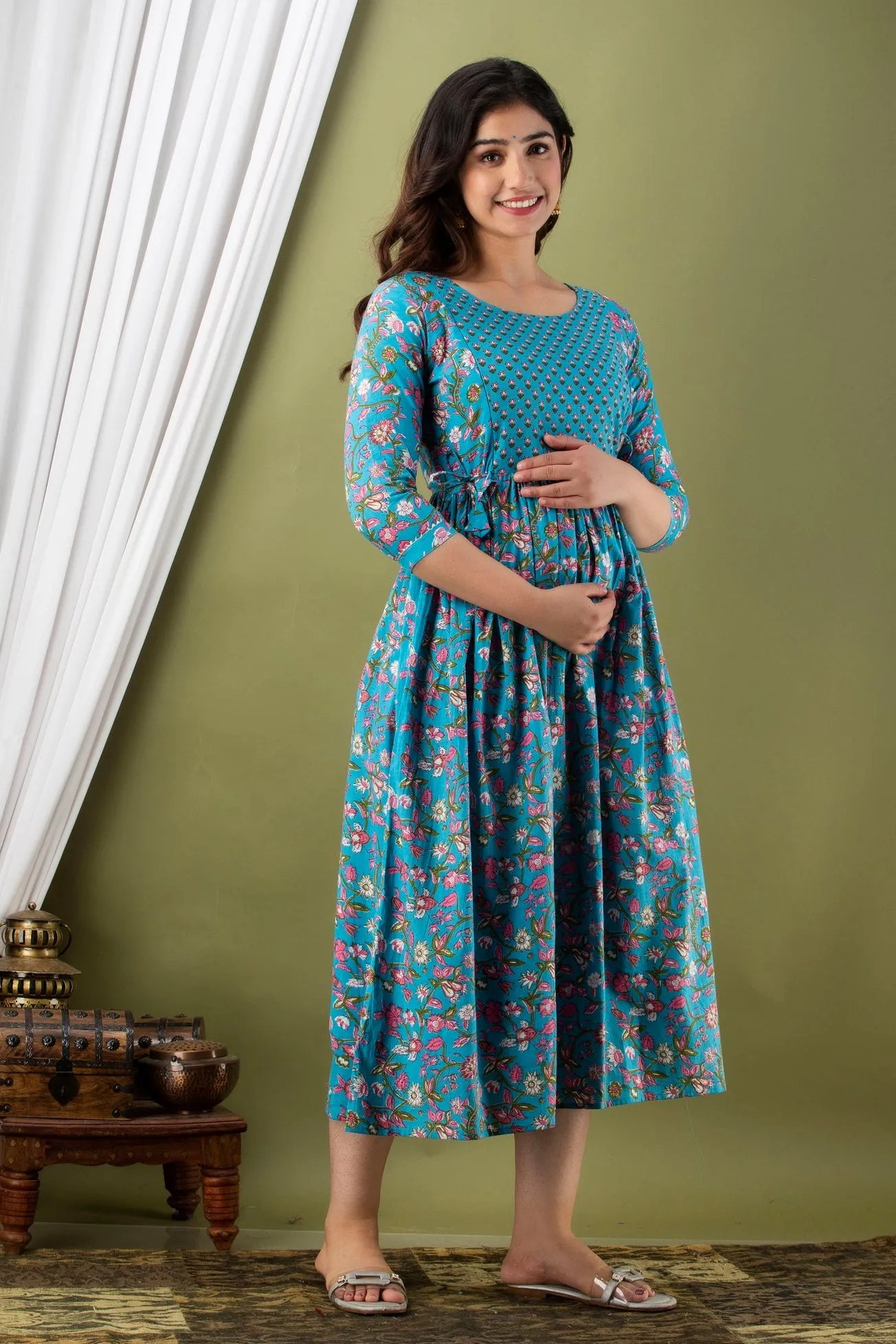 Blue Maternity Baby Feeding Dress