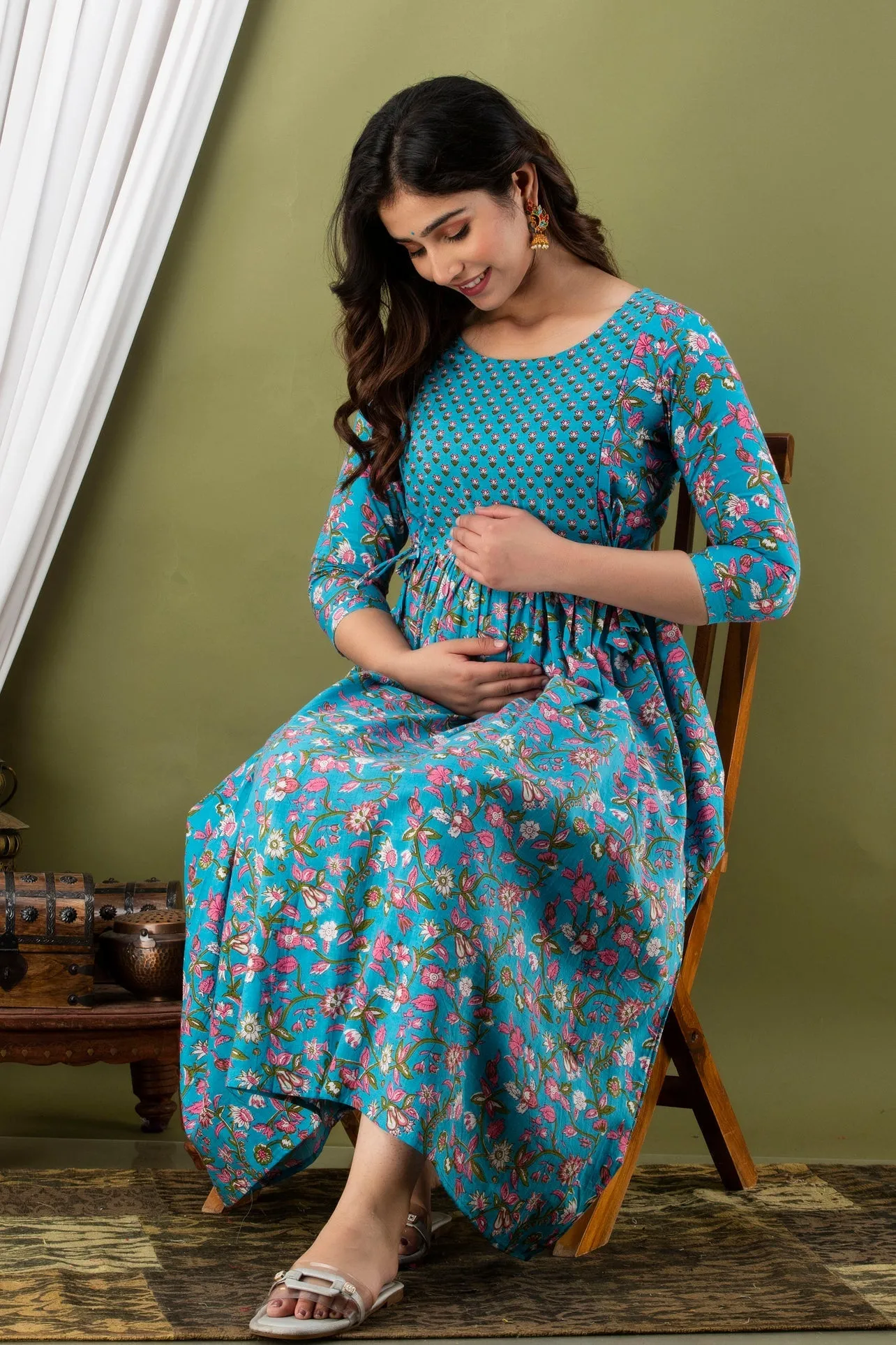 Blue Maternity Baby Feeding Dress