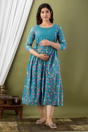 Blue Maternity Baby Feeding Dress
