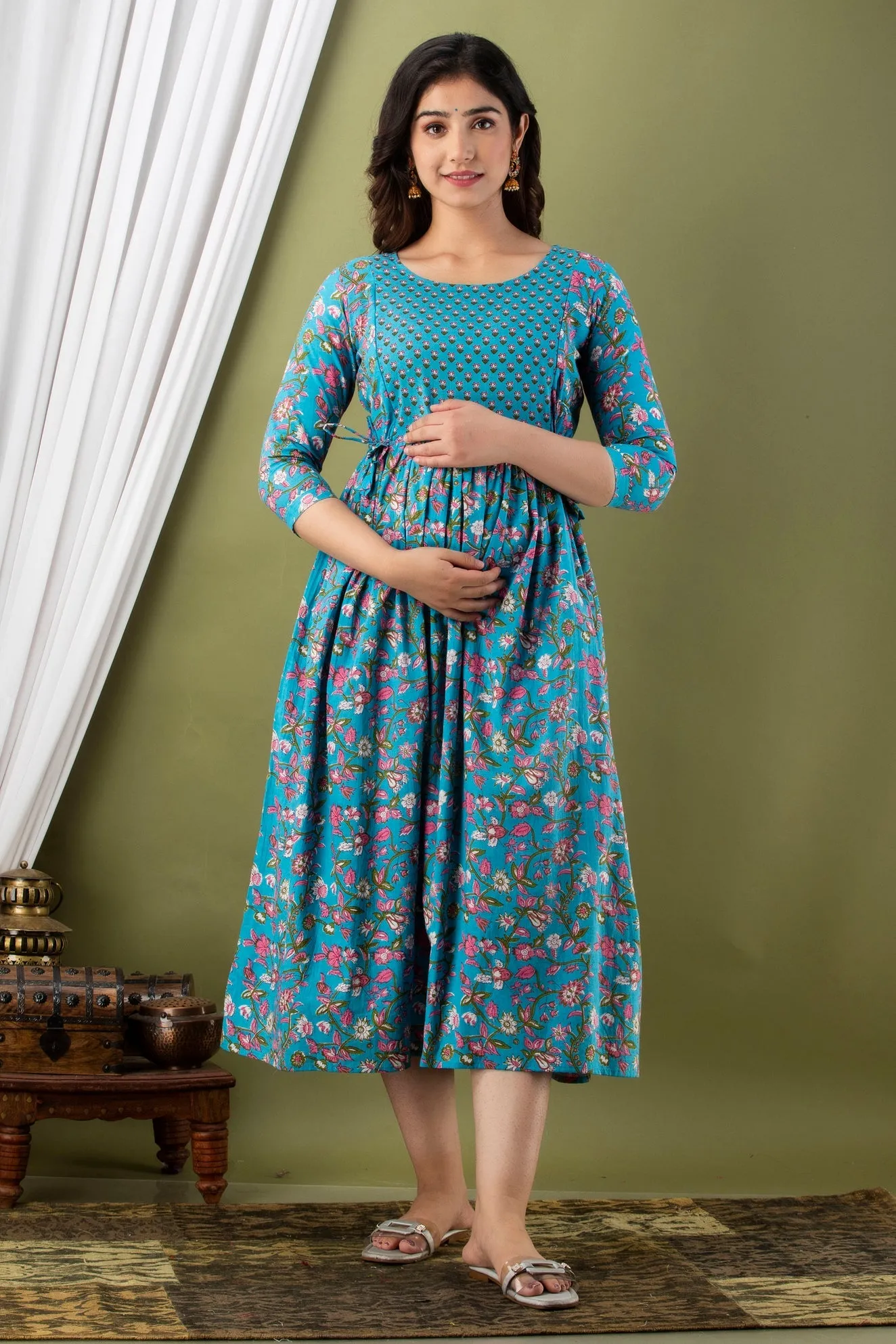 Blue Maternity Baby Feeding Dress