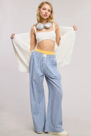 Blue Mid-Low Rise Elastic Waistband Gingham Pants