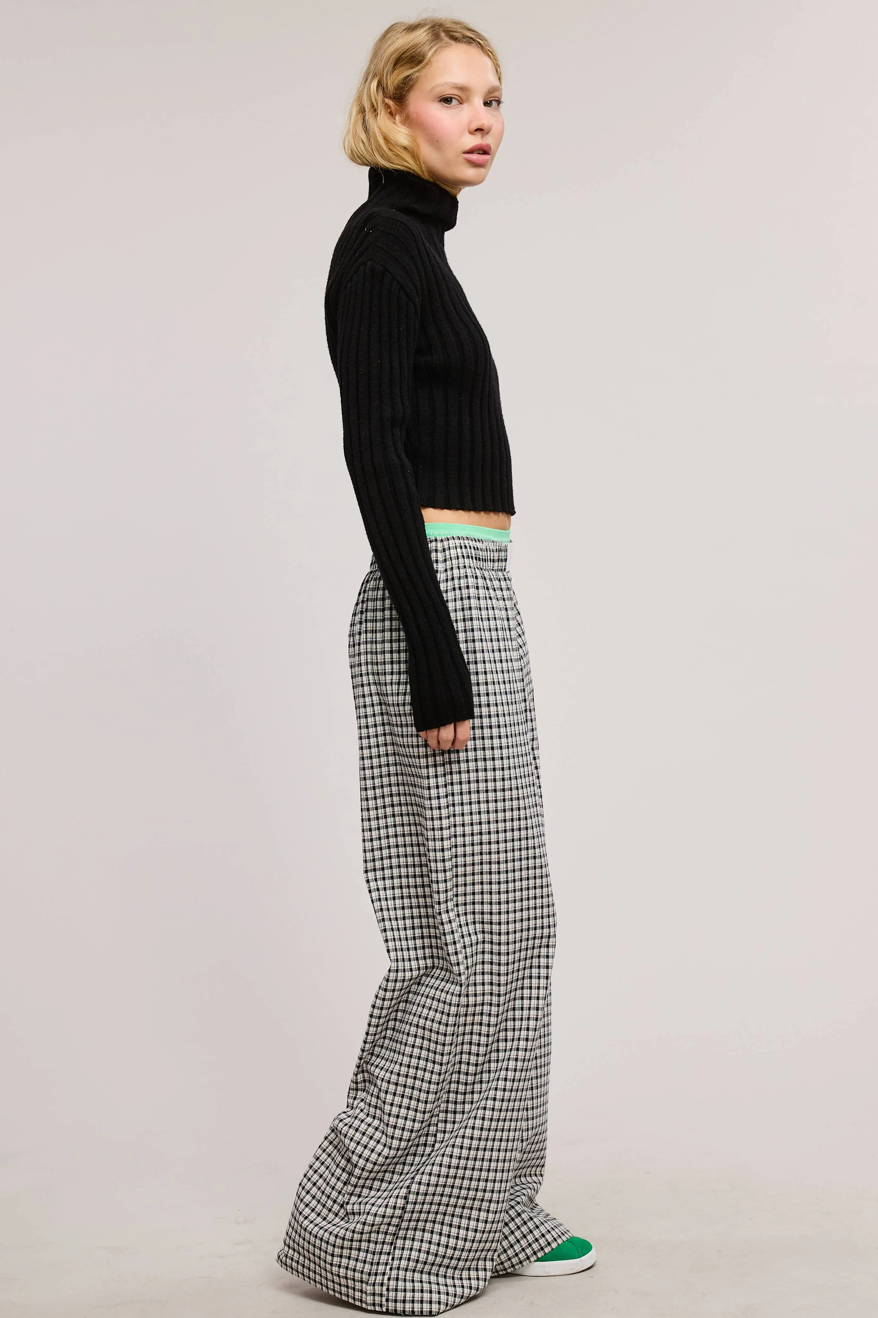 Blue Mid-Low Rise Elastic Waistband Gingham Pants