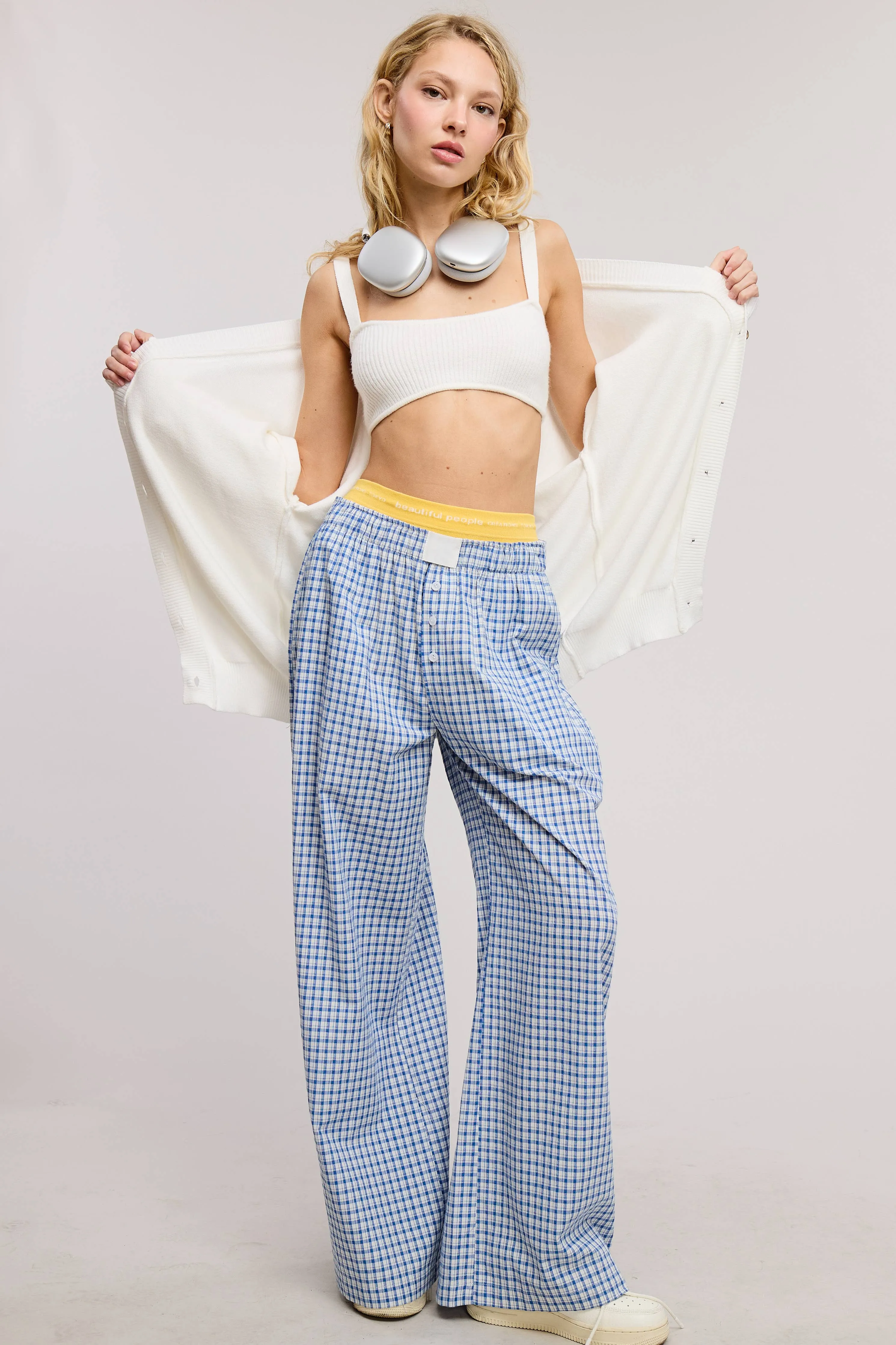 Blue Mid-Low Rise Elastic Waistband Gingham Pants