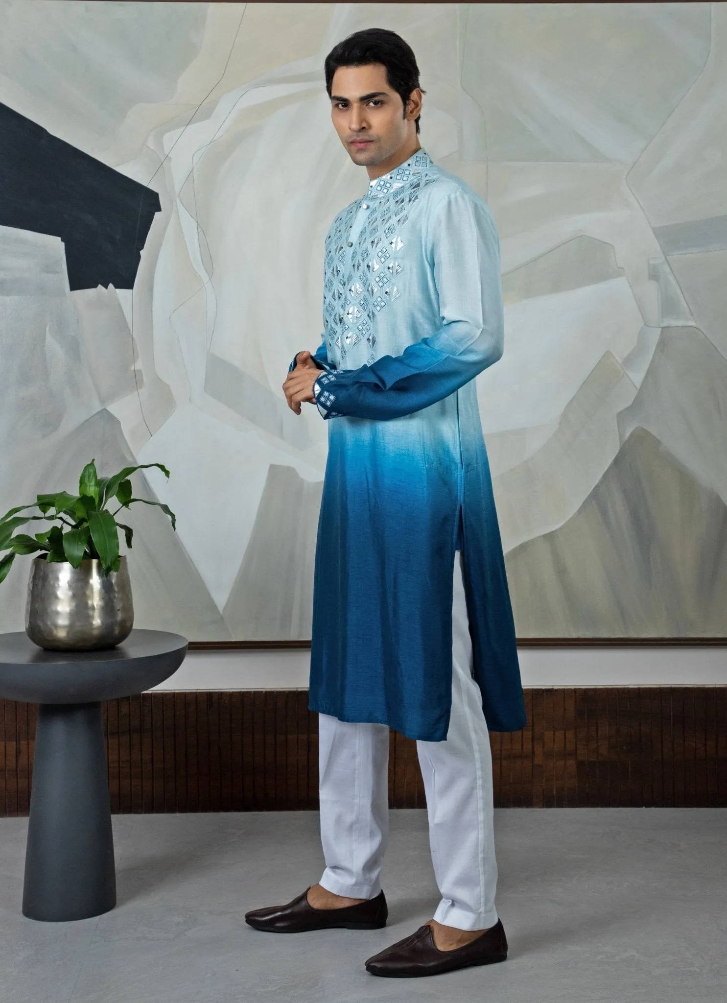 Blue Ombre Embroidered Kurta Pant Set