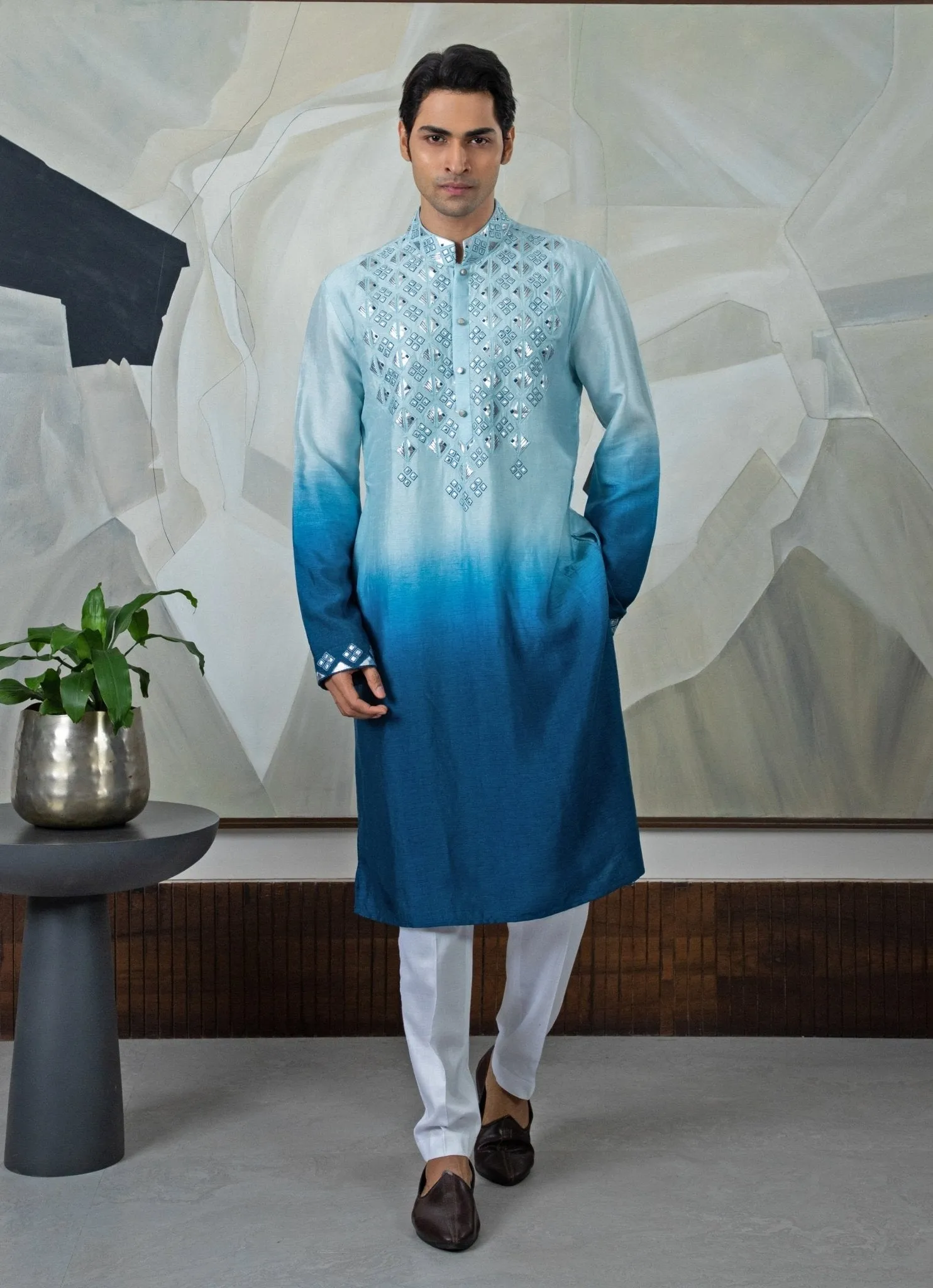 Blue Ombre Embroidered Kurta Pant Set