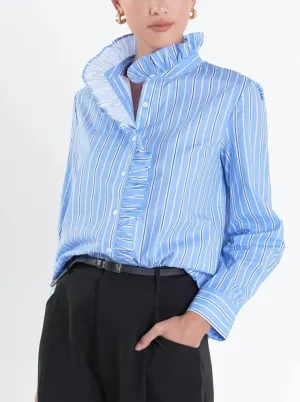 Blue Striped Ruffle Blouse VentilatedBack Cozy Cardigan
