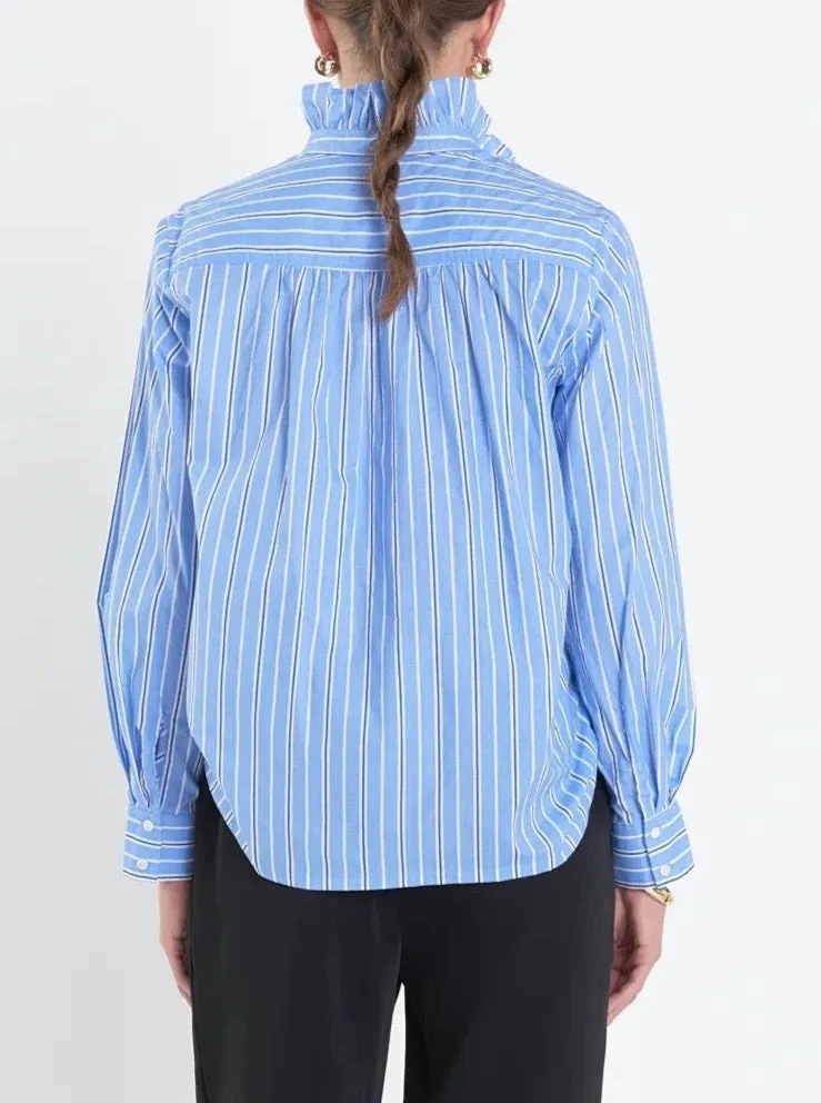 Blue Striped Ruffle Blouse ZipClosure
