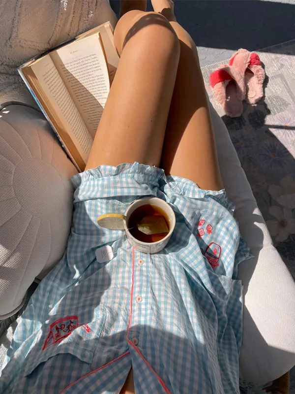 Blue Zone Planet |  Amelia's Simple plaid Teapot Embroidered Pajama Set