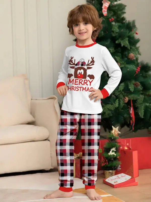 Blue Zone Planet |  Deer head letter print Christmas parent-child plaid long-sleeved home clothes two-piece set