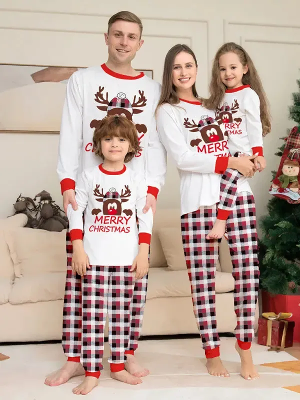 Blue Zone Planet |  Deer head letter print Christmas parent-child plaid long-sleeved home clothes two-piece set