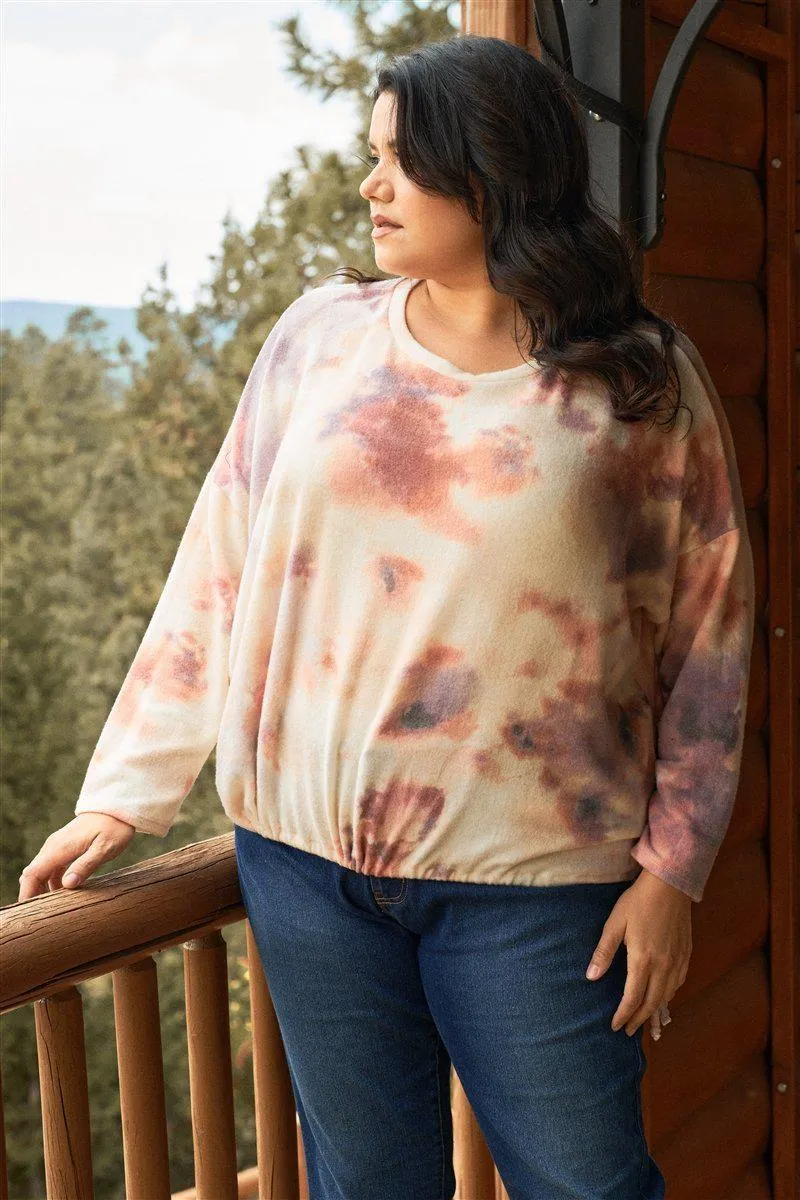 Blue Zone Planet |  Plus Cream Rust Bleached Tie-dye Long Sleeve Drawstring Detail Relaxed Sweatshirt