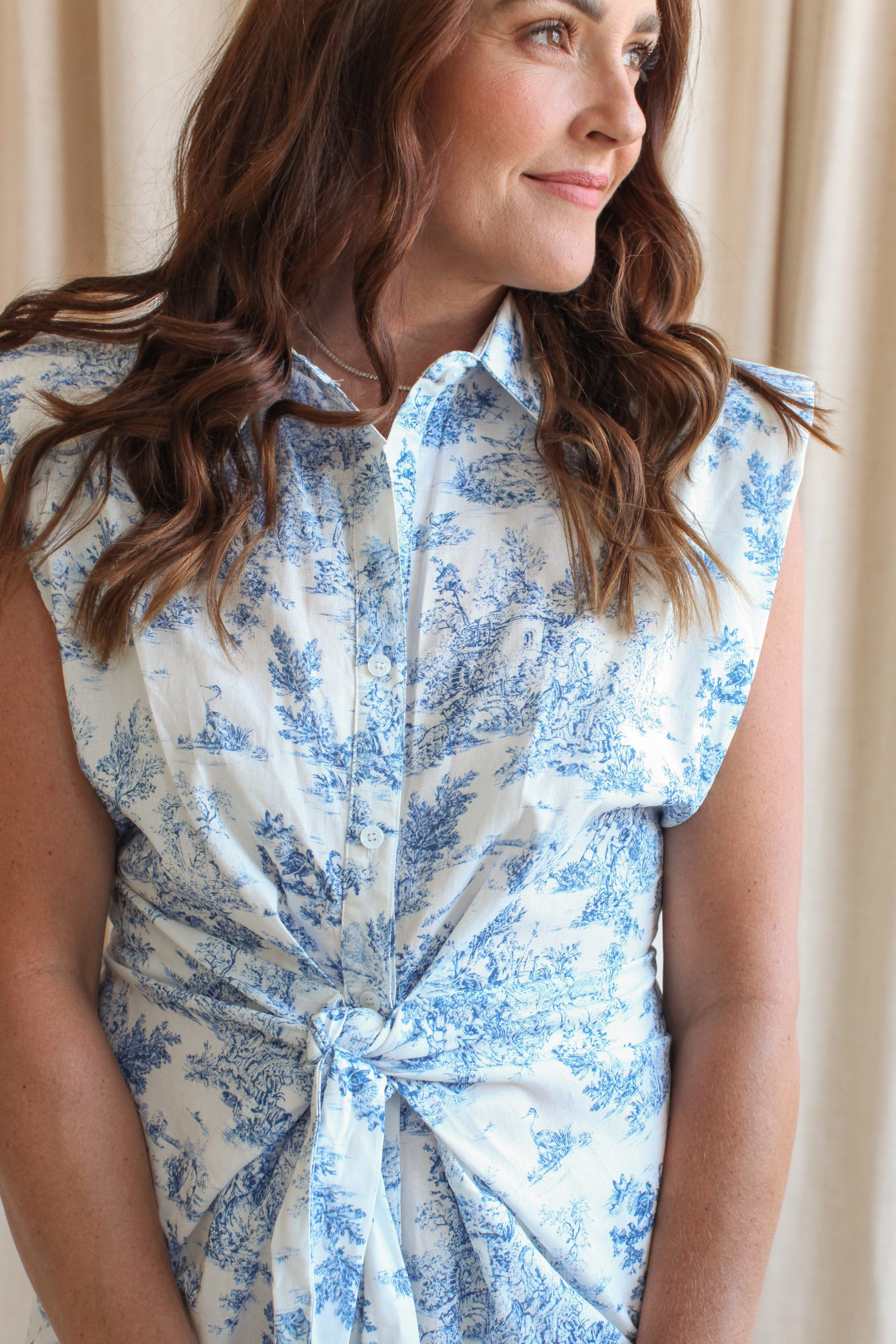 Blue Toile Knot Dress Style Base Smart Fit