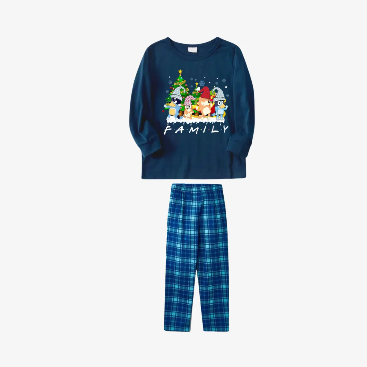 Bluey Character "Family" Design Sky Blue Plaid Pants Family Matching Pajama Set
