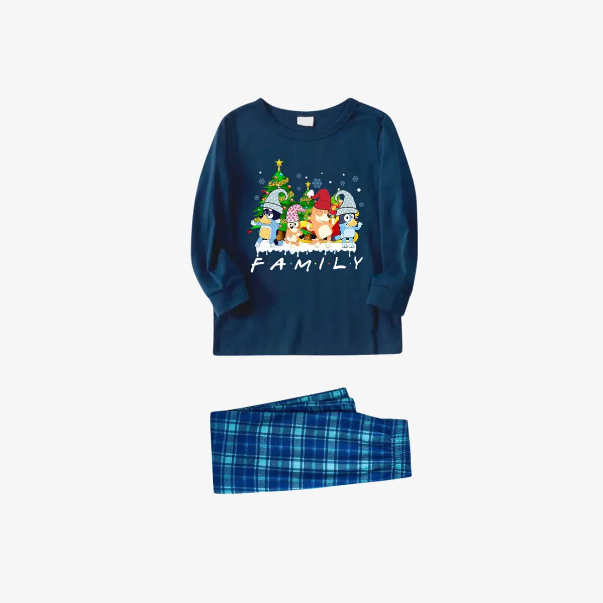 Bluey Character "Family" Design Sky Blue Plaid Pants Family Matching Pajama Set
