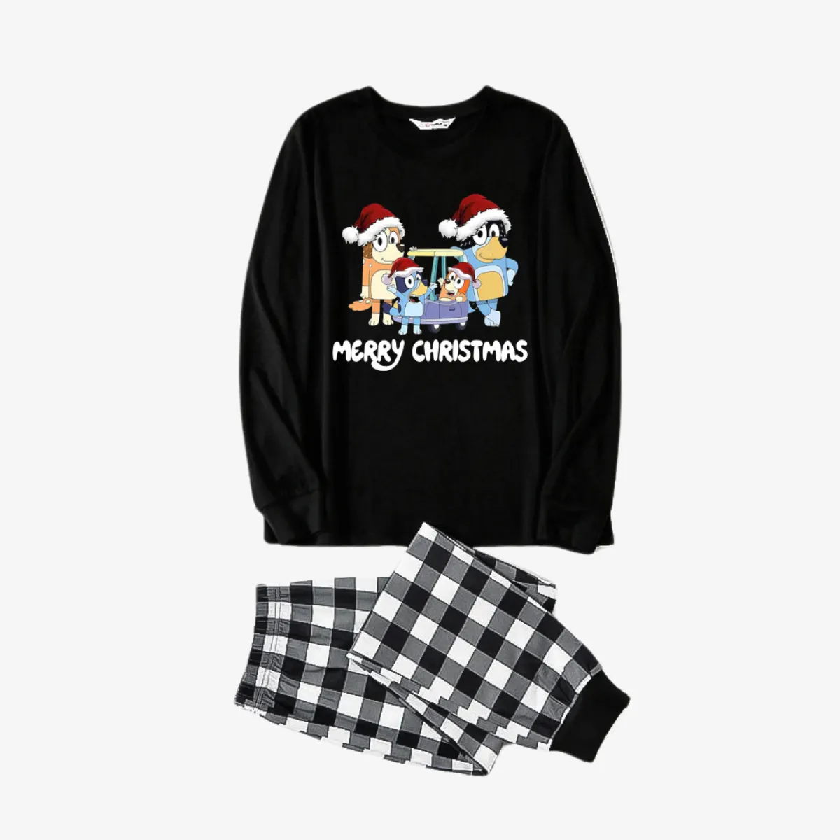 Bluey Character "Merry Christmas" Design Black&White Plaid Pants Family Matching Pajama Set