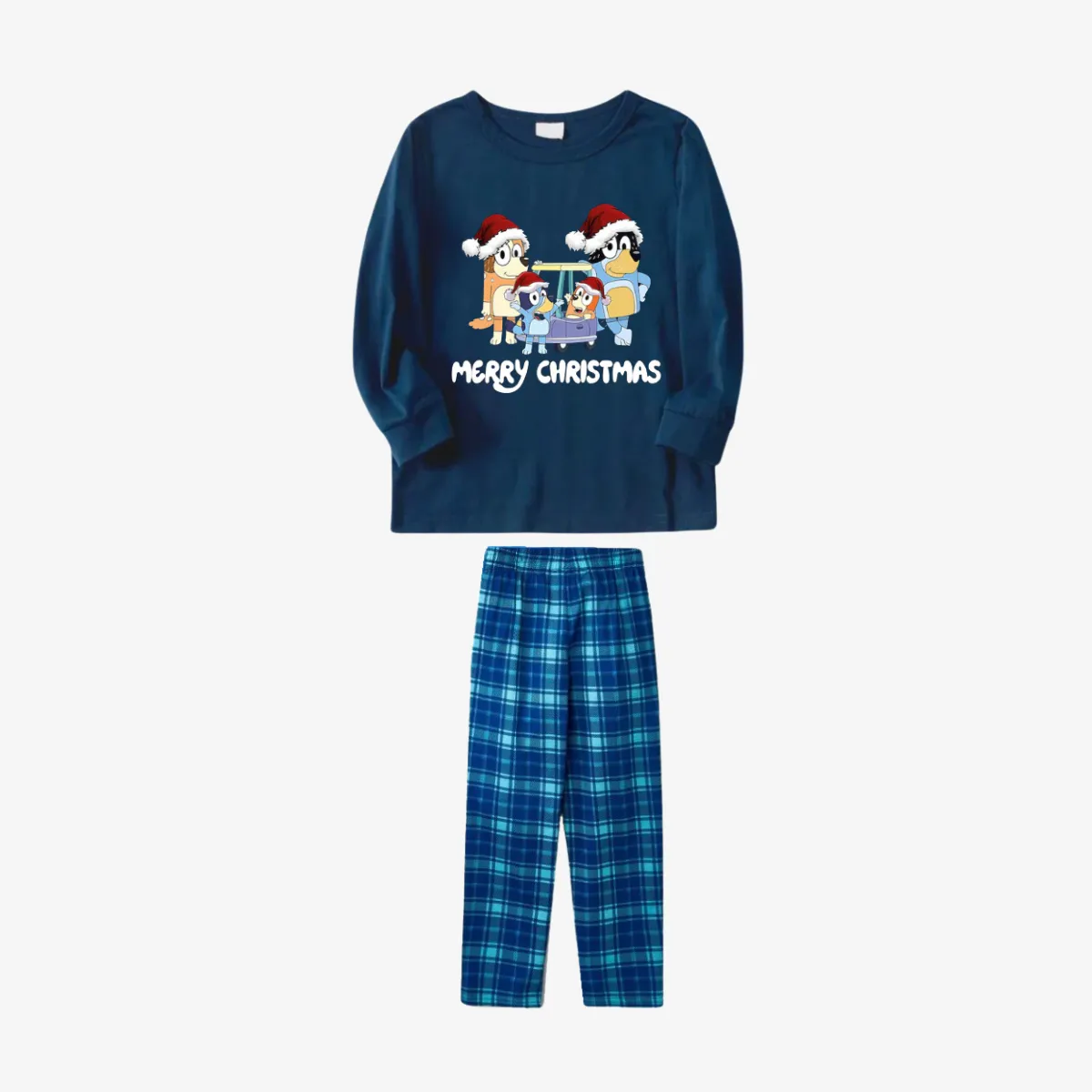 Bluey Character "Merry Christmas" Design Sky Blue Plaid Pants Family Matching Pajama Set