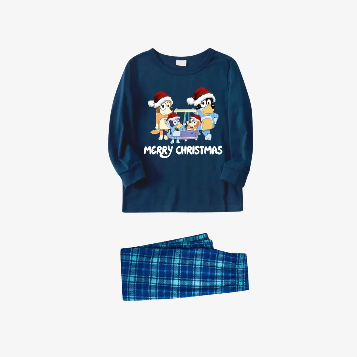 Bluey Character "Merry Christmas" Design Sky Blue Plaid Pants Family Matching Pajama Set