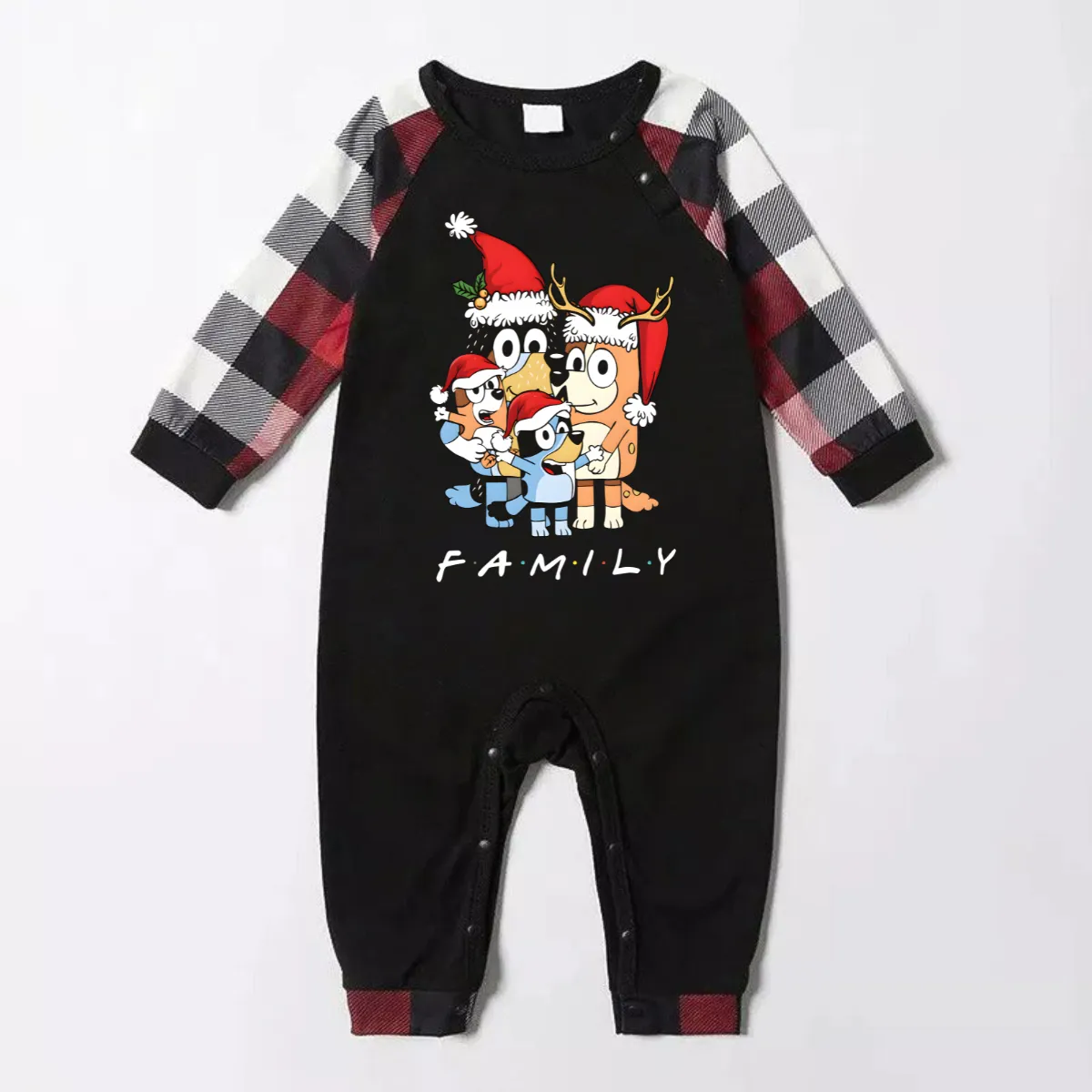 Bluey-Themed Festive Animal Pattern Black and Red Plaid Family Pajama Set