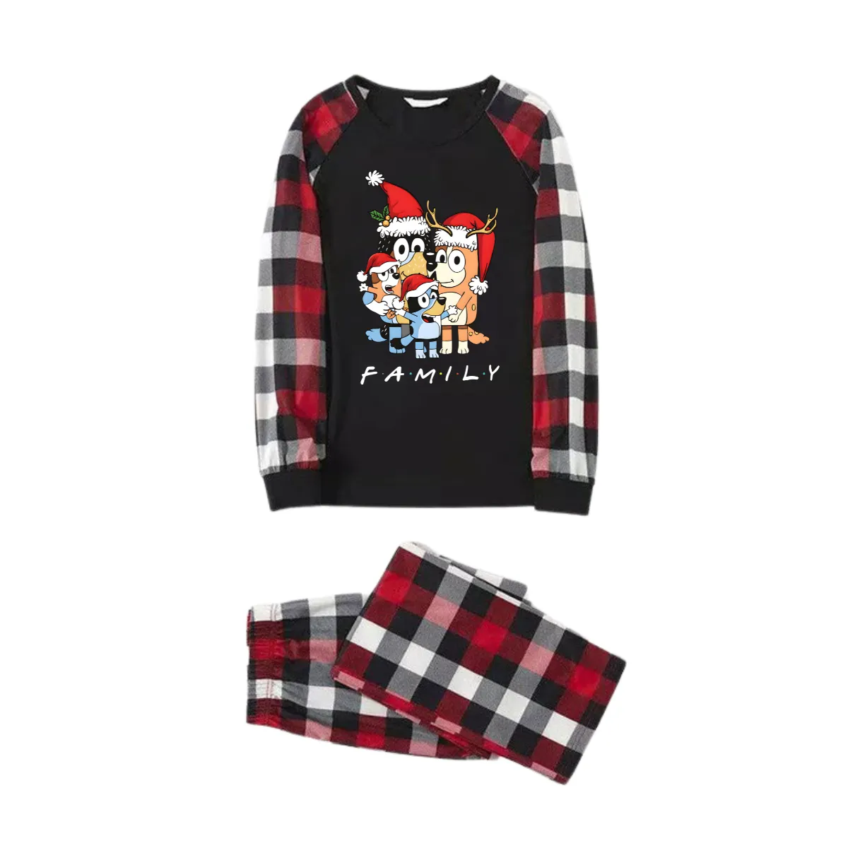Bluey-Themed Festive Animal Pattern Black and Red Plaid Family Pajama Set