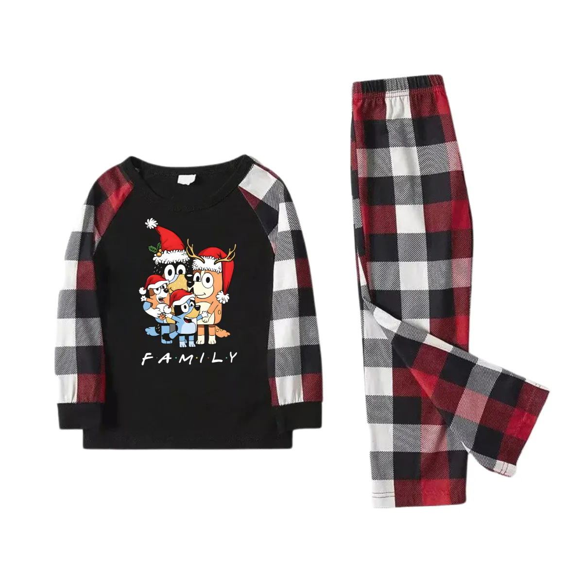 Bluey-Themed Festive Animal Pattern Black and Red Plaid Family Pajama Set