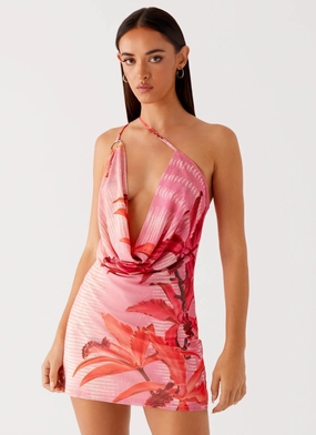 Soft Movement Chafe Resistant Bohemian Bliss Mesh Mini Dress - Tropical Pink Print