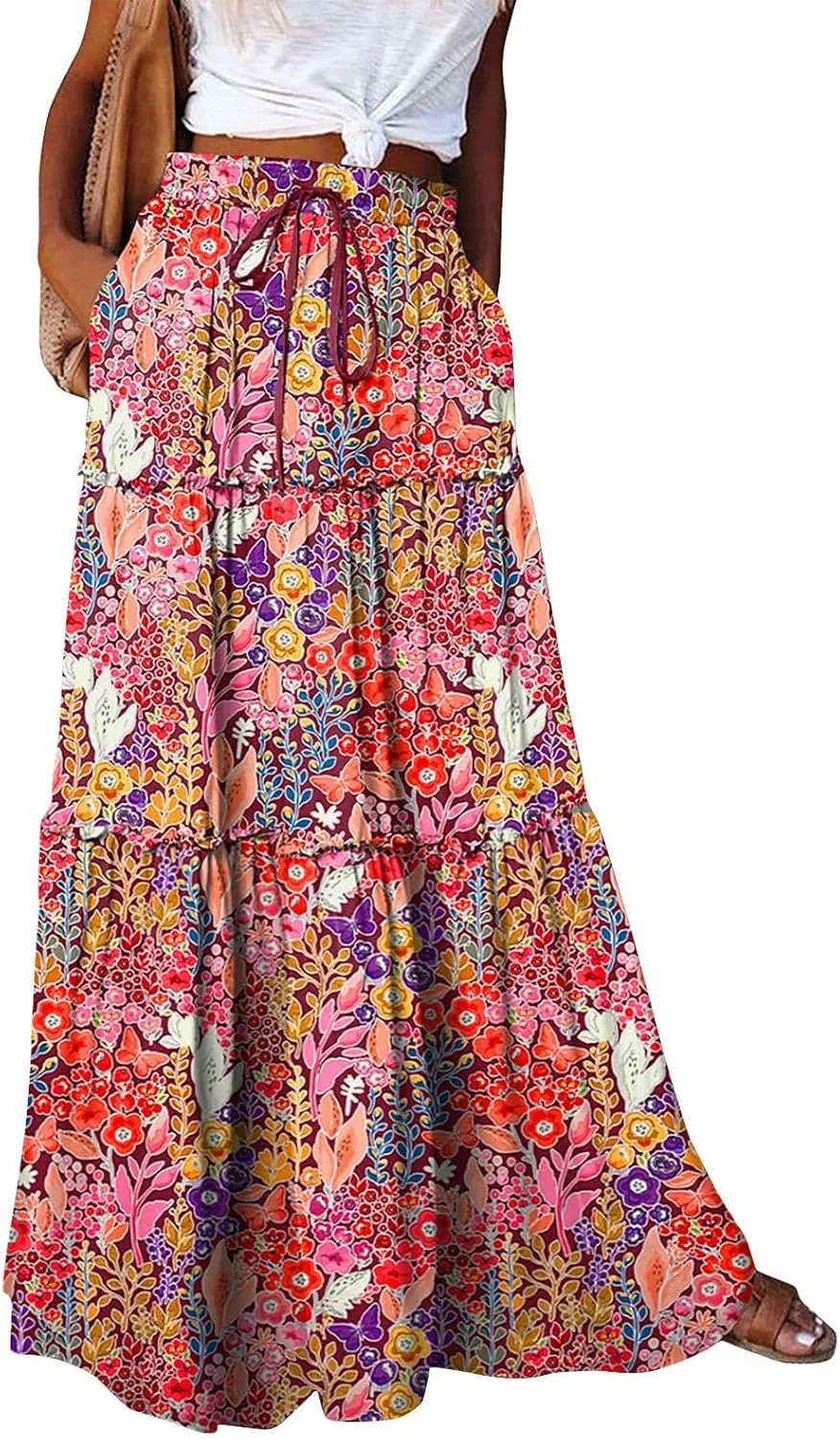 Boho Maxi Skirts for Women 2025 Summer Floral Flowy High Waisted Plus Size A Line Tiered Long Skirt with Pockets