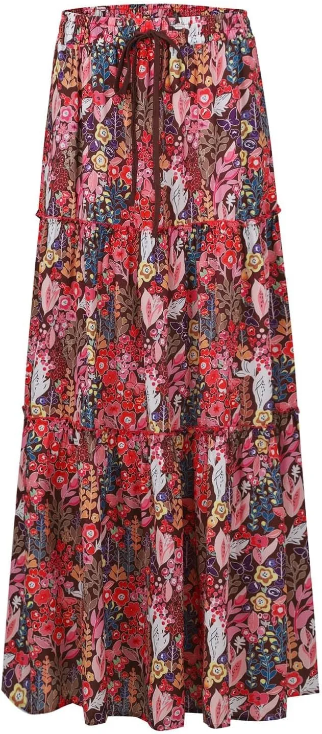 Boho Maxi Skirts for Women 2025 Summer Floral Flowy High Waisted Plus Size A Line Tiered Long Skirt with Pockets