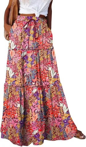 Boho Maxi Skirts for Women 2025 Summer Floral Flowy High Waisted Plus Size A Line Tiered Long Skirt with Pockets