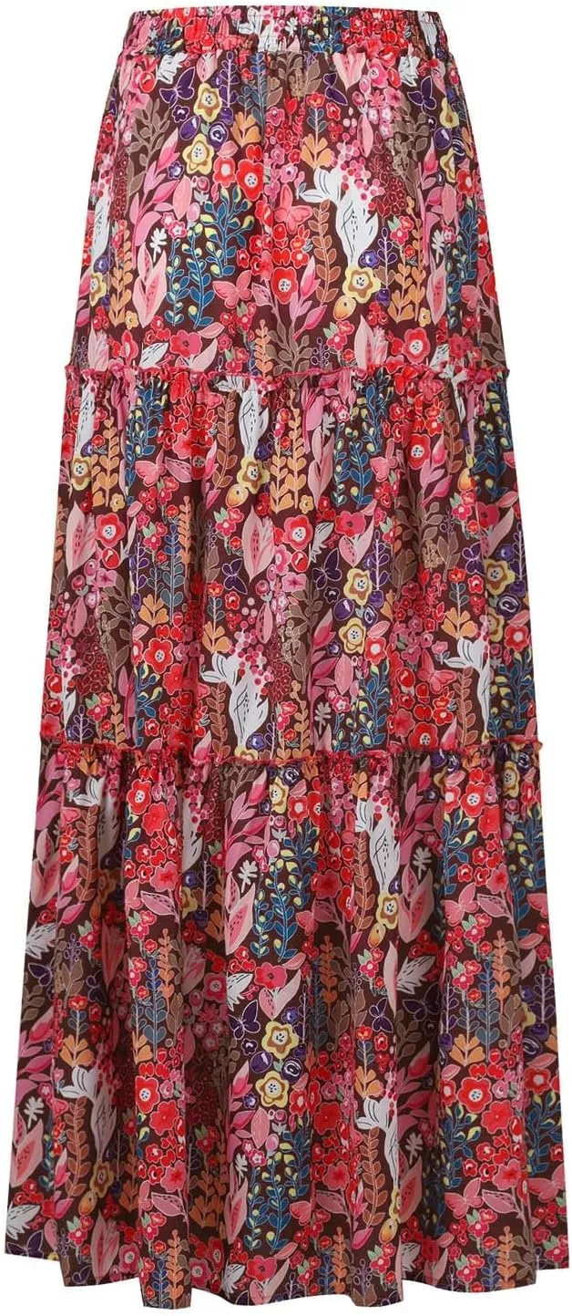 Boho Maxi Skirts for Women 2025 Summer Floral Flowy High Waisted Plus Size A Line Tiered Long Skirt with Pockets