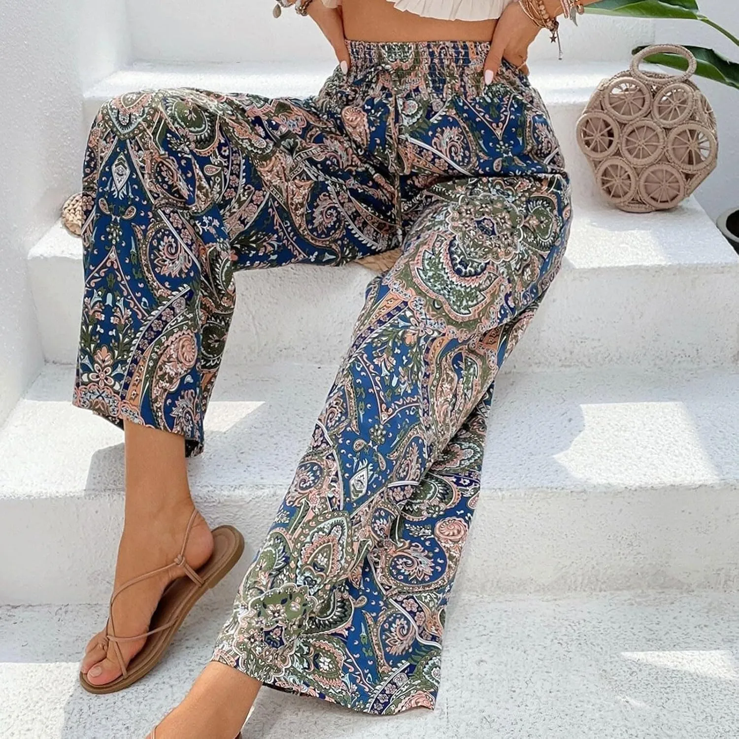 Boho Palazzo Pants for Women Drawstring High Waisted Print Loose Wide Leg Pants Flowy Casual Baggy Beach Pants