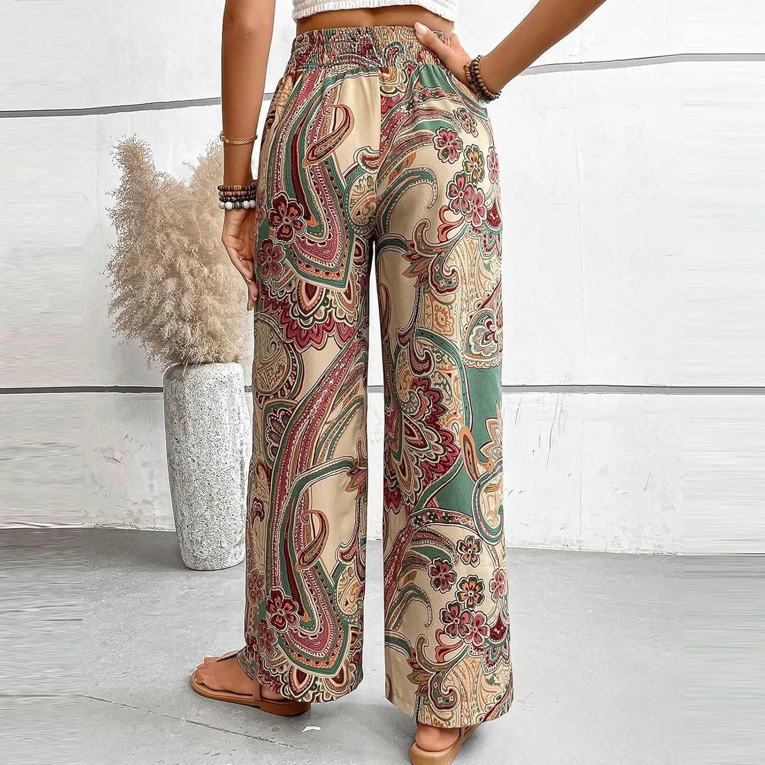 Boho Palazzo Pants for Women Drawstring High Waisted Print Loose Wide Leg Pants Flowy Casual Baggy Beach Pants