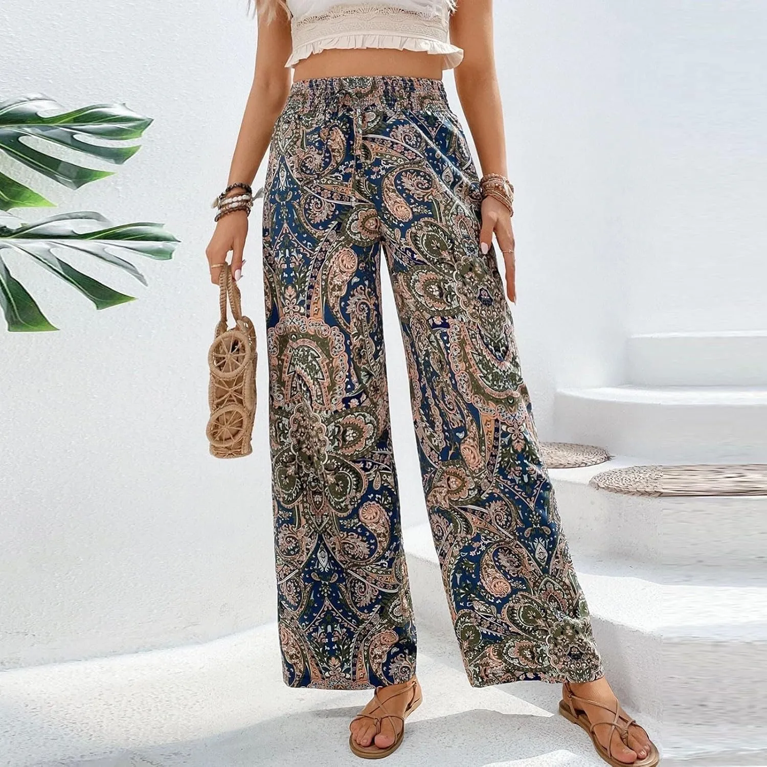 Boho Palazzo Pants for Women Drawstring High Waisted Print Loose Wide Leg Pants Flowy Casual Baggy Beach Pants