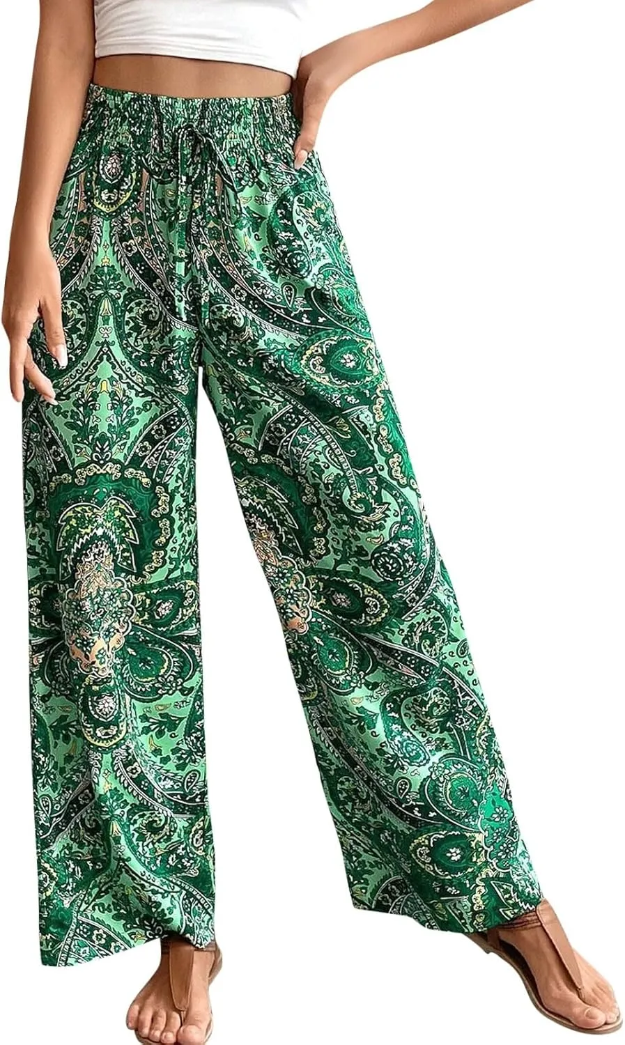Boho Palazzo Pants for Women Drawstring High Waisted Print Loose Wide Leg Pants Flowy Casual Baggy Beach Pants
