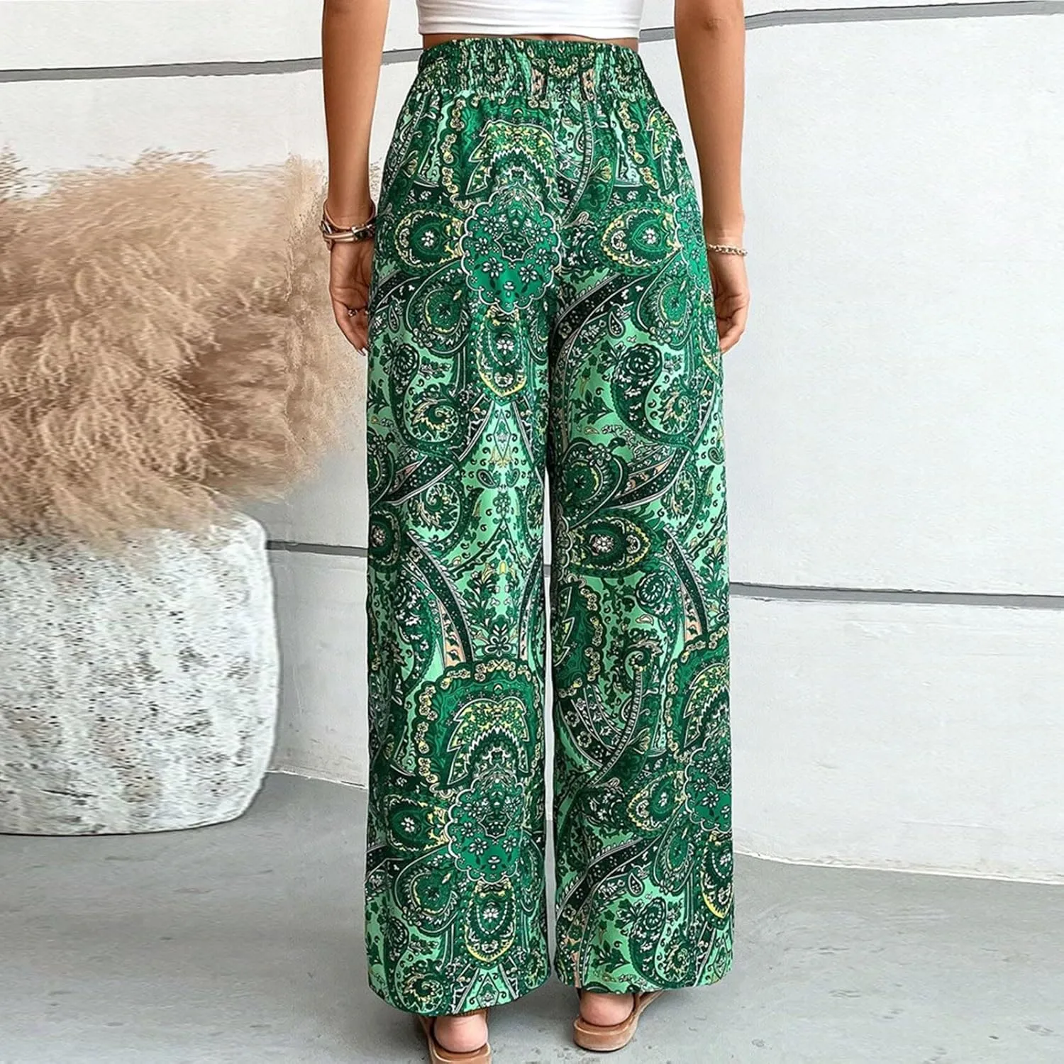 Boho Palazzo Pants for Women Drawstring High Waisted Print Loose Wide Leg Pants Flowy Casual Baggy Beach Pants