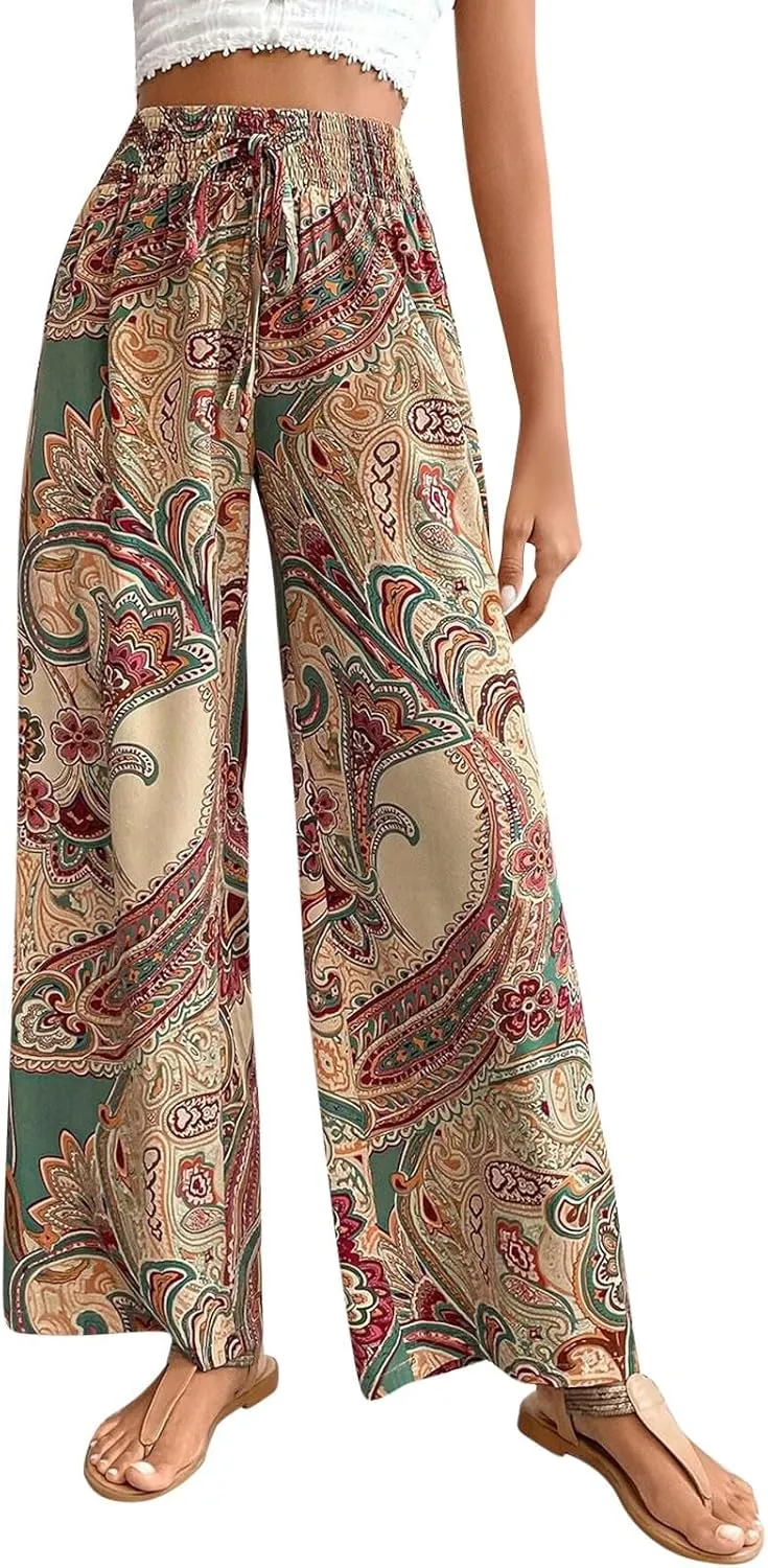 Boho Palazzo Pants for Women Drawstring High Waisted Print Loose Wide Leg Pants Flowy Casual Baggy Beach Pants