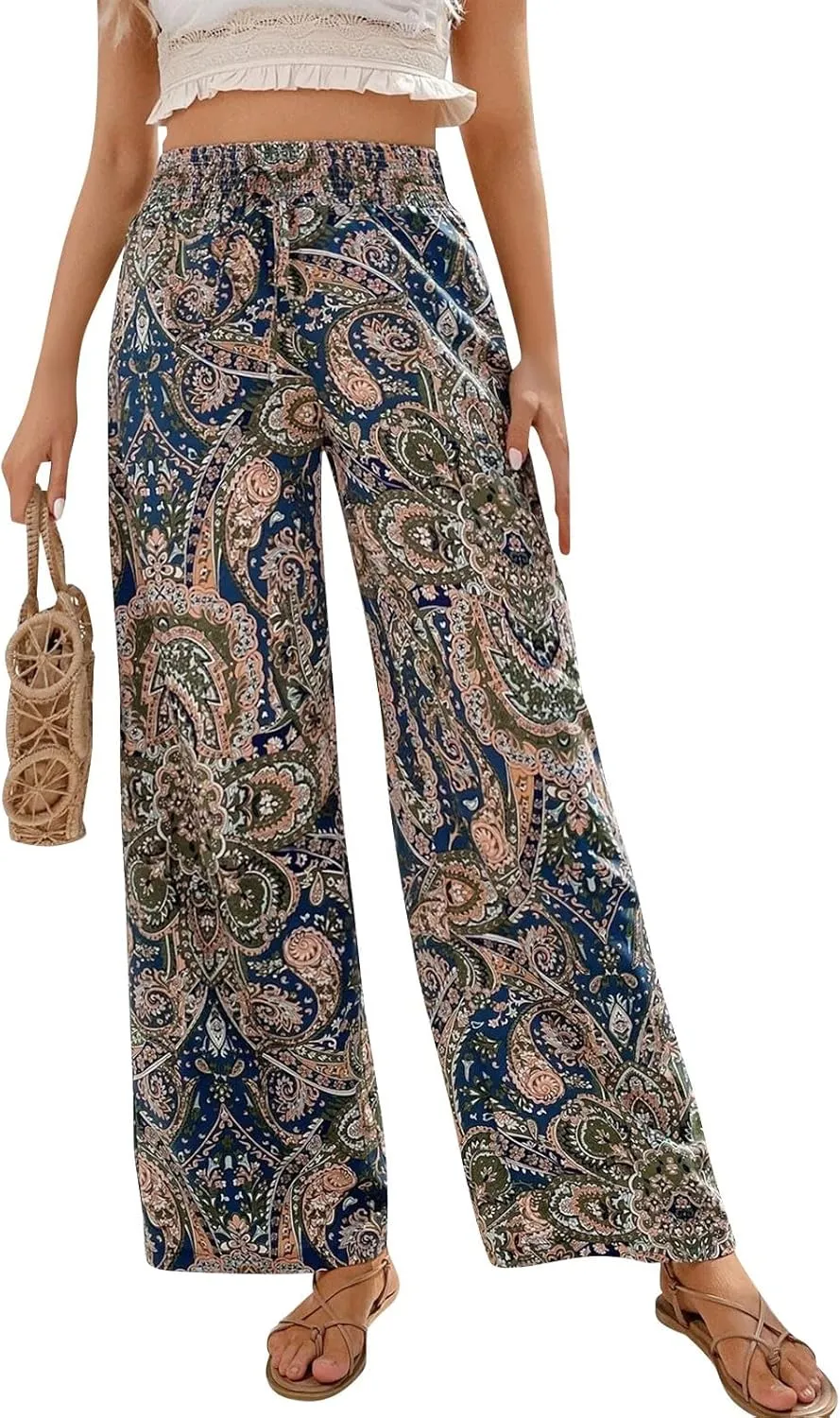 Boho Palazzo Pants for Women Drawstring High Waisted Print Loose Wide Leg Pants Flowy Casual Baggy Beach Pants