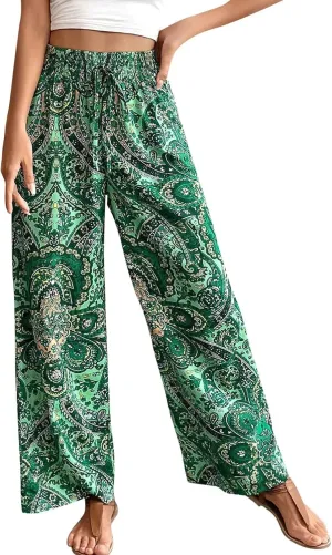 Boho Palazzo Pants for Women Drawstring High Waisted Print Loose Wide Leg Pants Flowy Casual Baggy Beach Pants