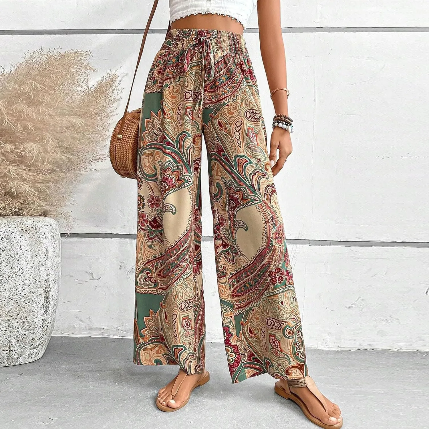 Boho Palazzo Pants for Women Drawstring High Waisted Print Loose Wide Leg Pants Flowy Casual Baggy Beach Pants