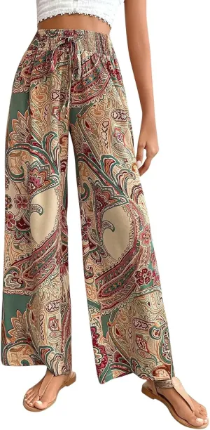 Boho Palazzo Pants for Women Drawstring High Waisted Print Loose Wide Leg Pants Flowy Casual Baggy Beach Pants