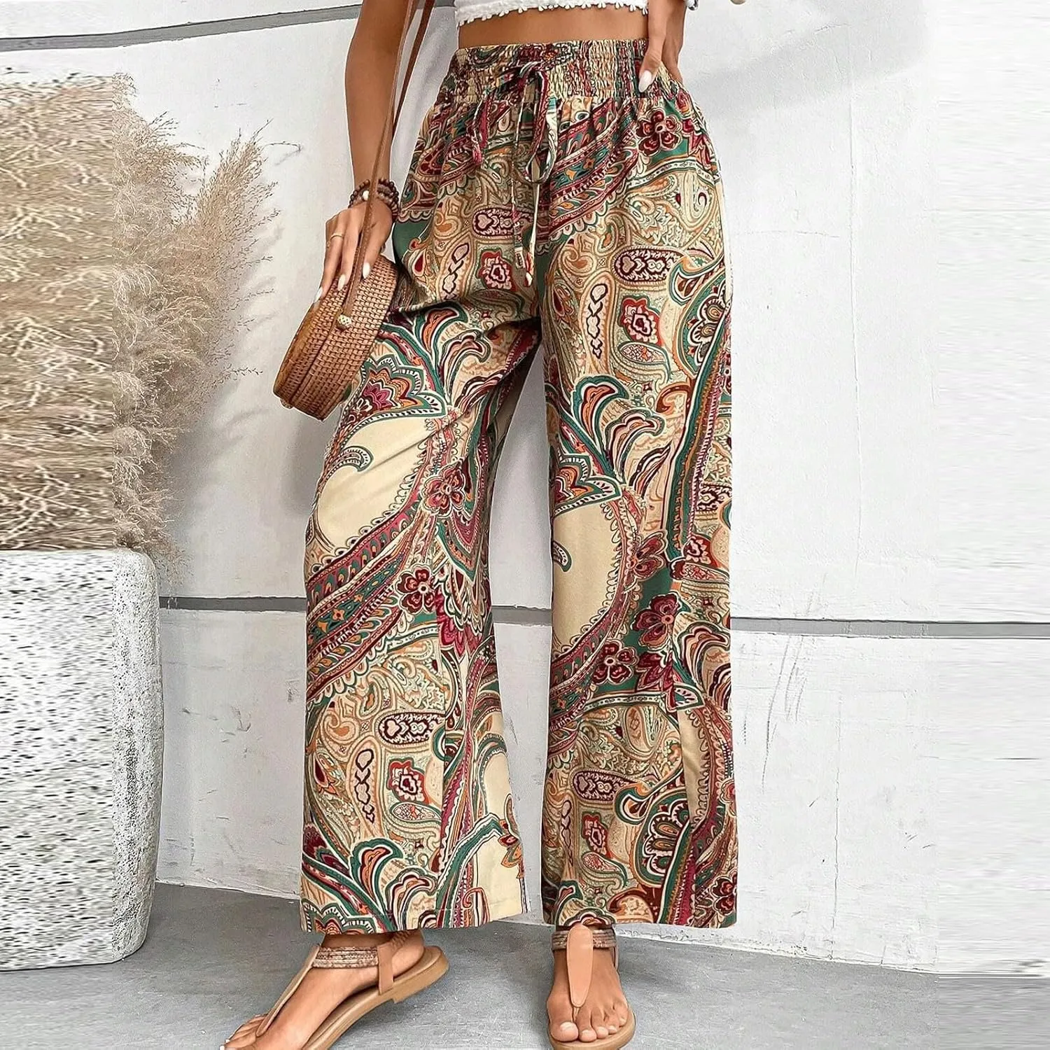Boho Palazzo Pants for Women Drawstring High Waisted Print Loose Wide Leg Pants Flowy Casual Baggy Beach Pants