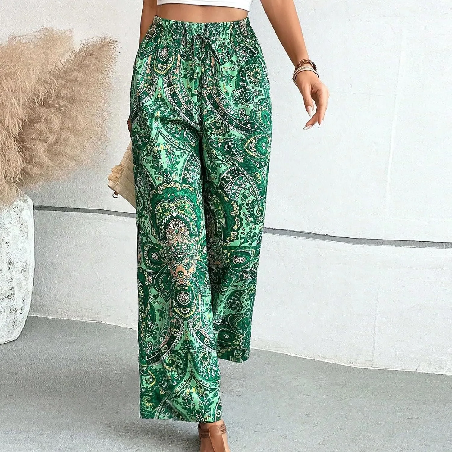 Boho Palazzo Pants for Women Drawstring High Waisted Print Loose Wide Leg Pants Flowy Casual Baggy Beach Pants