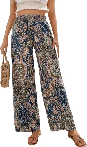 Boho Palazzo Pants for Women Drawstring High Waisted Print Loose Wide Leg Pants Flowy Casual Baggy Beach Pants