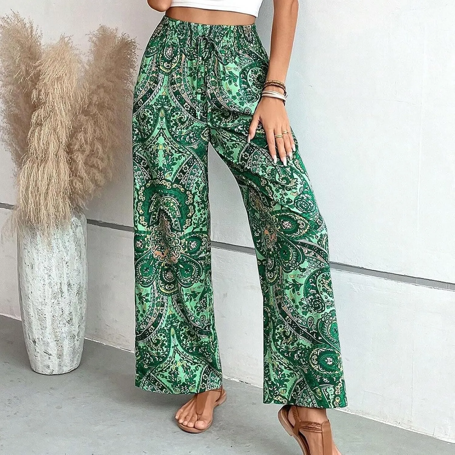 Boho Palazzo Pants for Women Drawstring High Waisted Print Loose Wide Leg Pants Flowy Casual Baggy Beach Pants