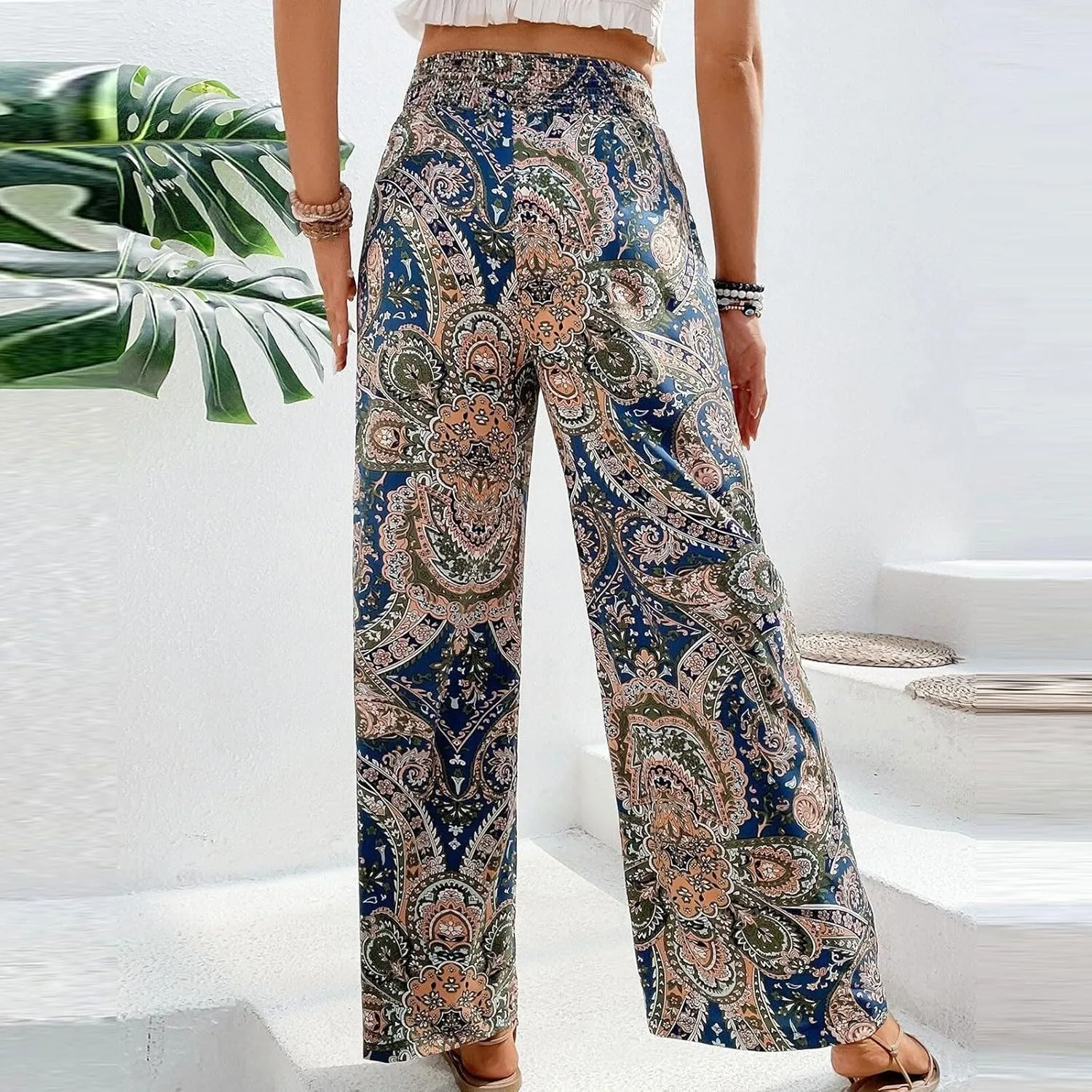Boho Palazzo Pants for Women Drawstring High Waisted Print Loose Wide Leg Pants Flowy Casual Baggy Beach Pants