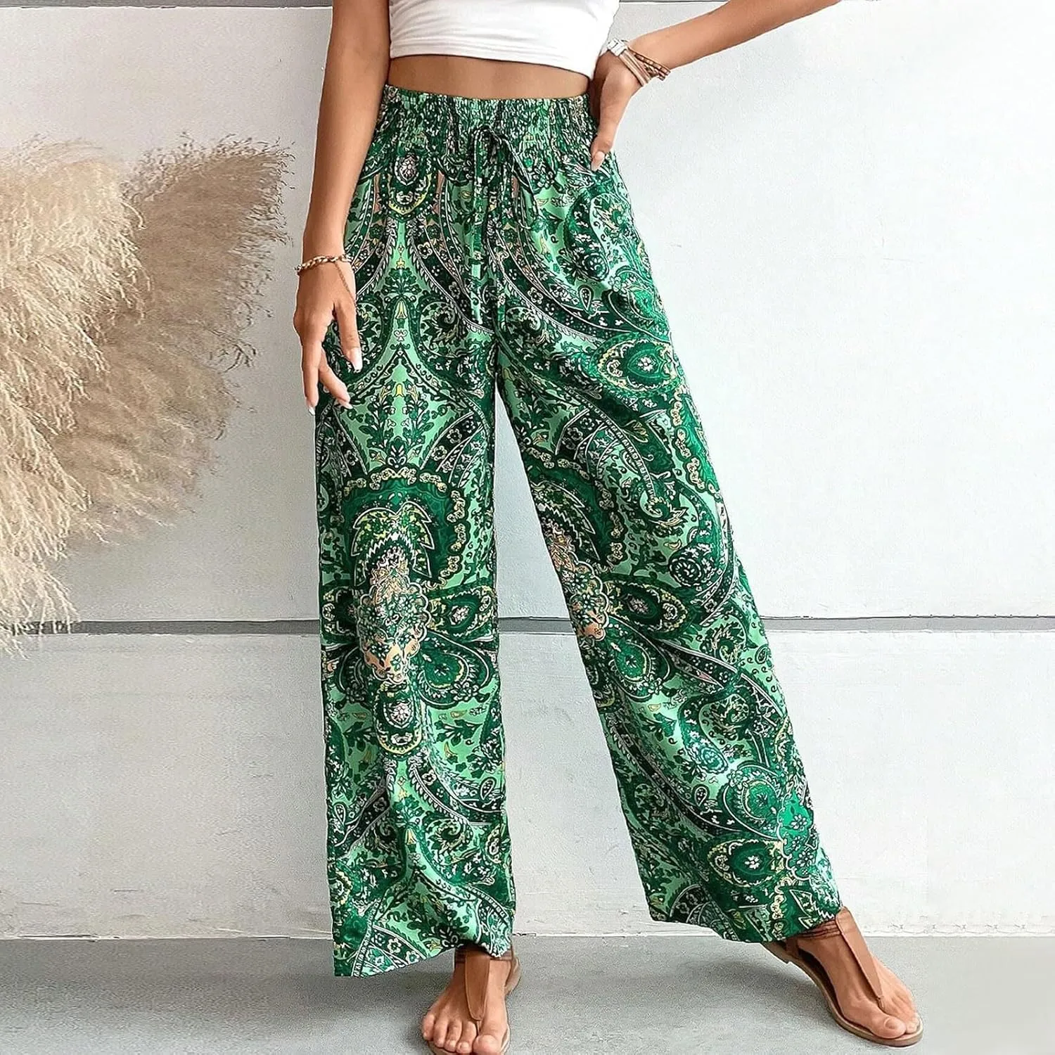 Boho Palazzo Pants for Women Drawstring High Waisted Print Loose Wide Leg Pants Flowy Casual Baggy Beach Pants