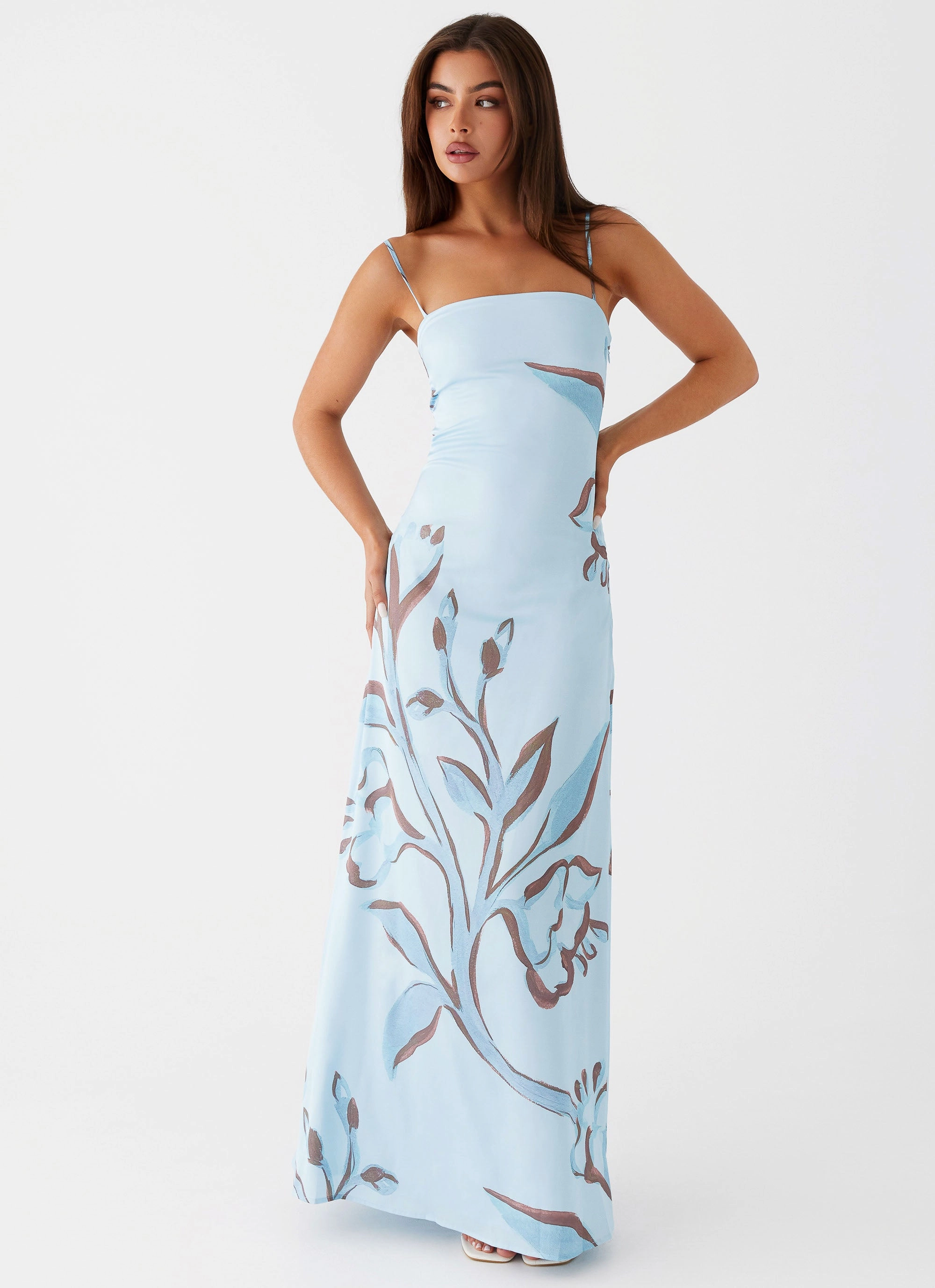 Aster Bloom Maxi Dress - Blue Floral Front Ruffle Timeless Edge