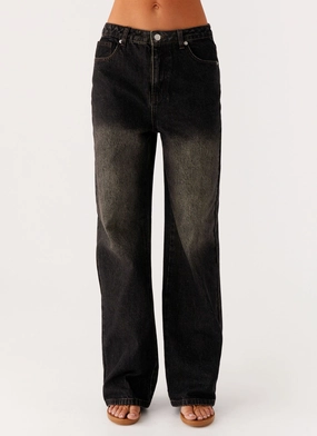 Back Again Straight Leg Denim Jeans - Acid Charcoal Tailored Waistband
