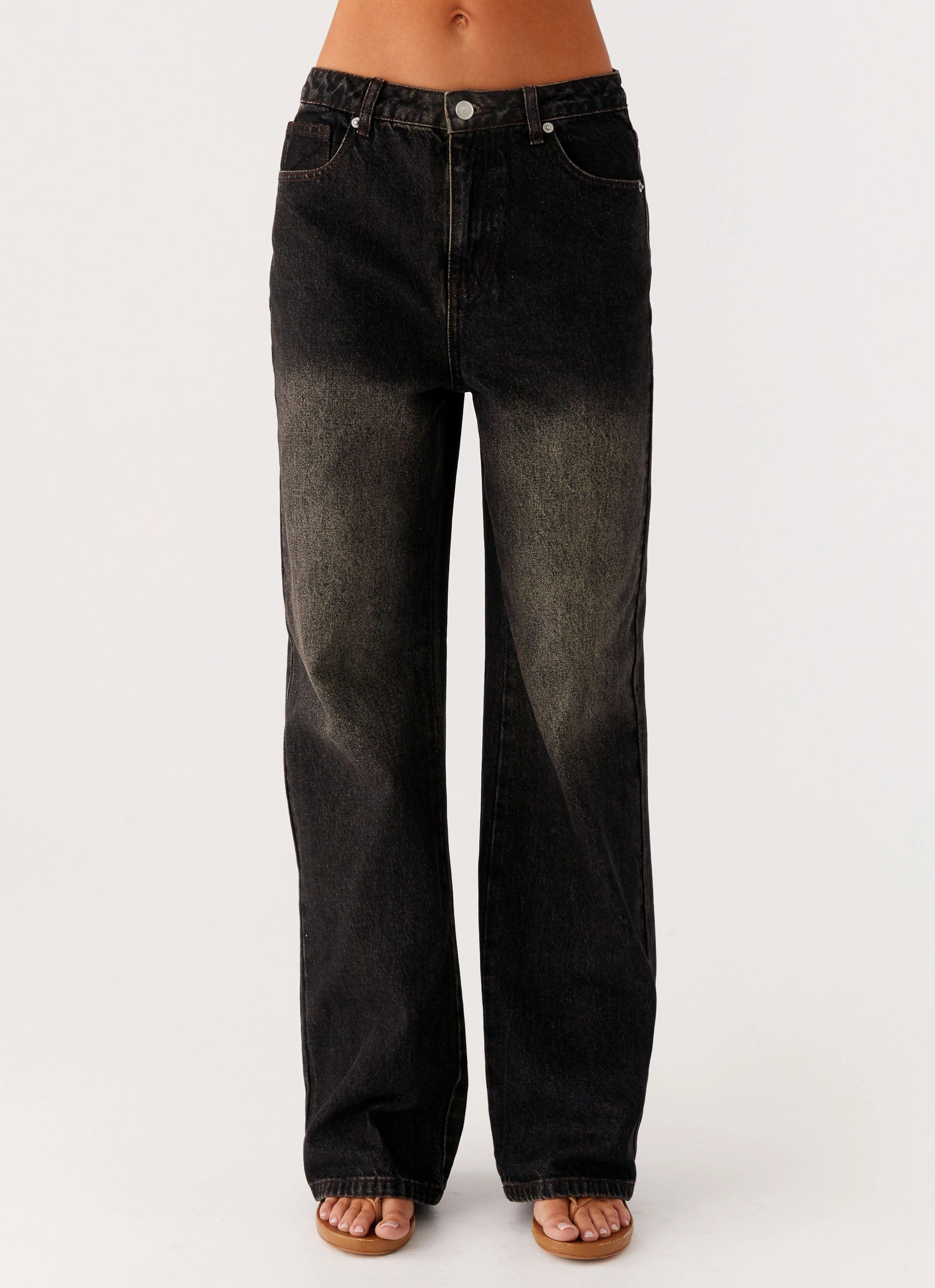 Back Again Straight Leg Denim Jeans - Acid Charcoal Tailored Waistband