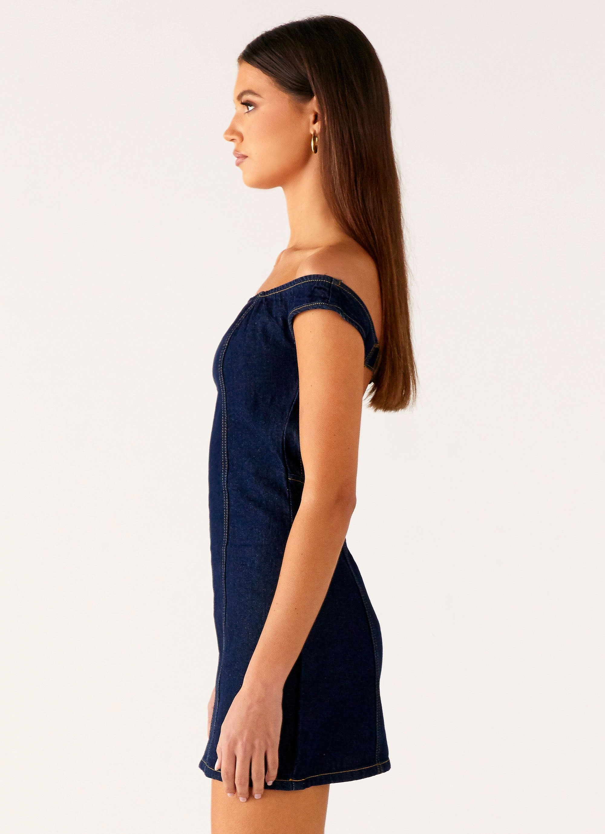Versatile Wear Asymmetric-Neck Bonnie Denim Mini Dress - Indigo