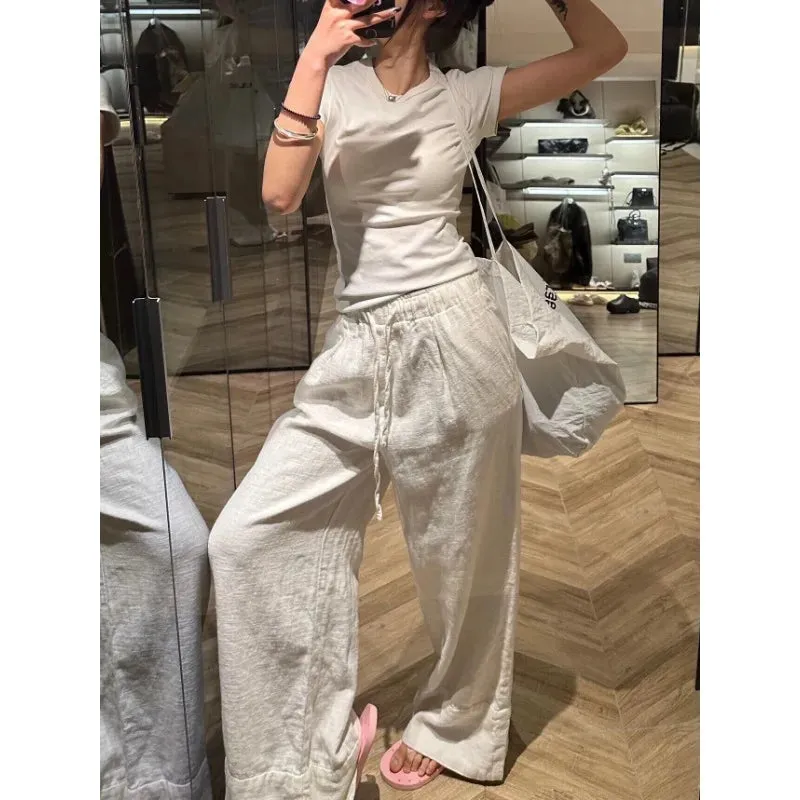Bonnyshow White Basic Linen Women Pants Elastic Waist Harajuku Korean Fashion Baggy Trousers Female Thin Oversized Casual Summer